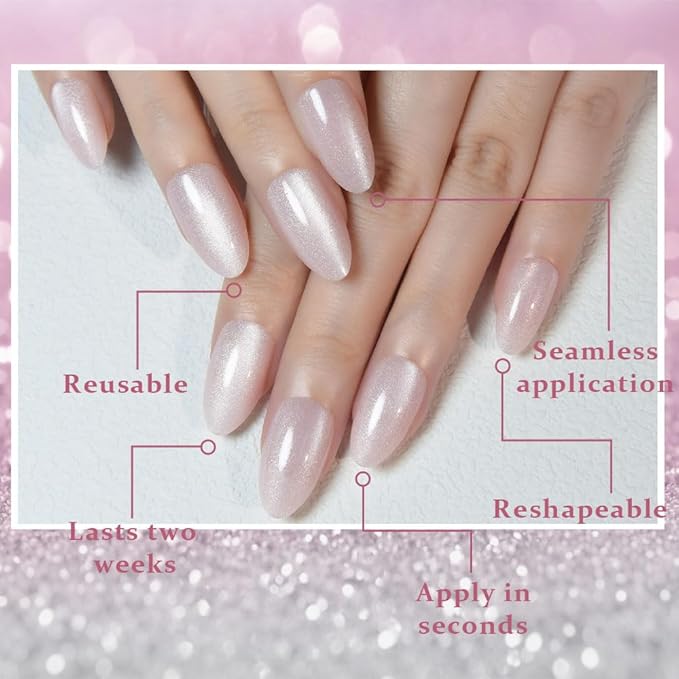 evpct Cat Eye Press on Nails Almond Short, Cat Eye Stick on Nails Press on, Nude Pink Glitter Short Almond Press Stick on Nails, Fake Nails Press ons with Kits, 30Pcs Reusable Acrylic Fake Nails Kit