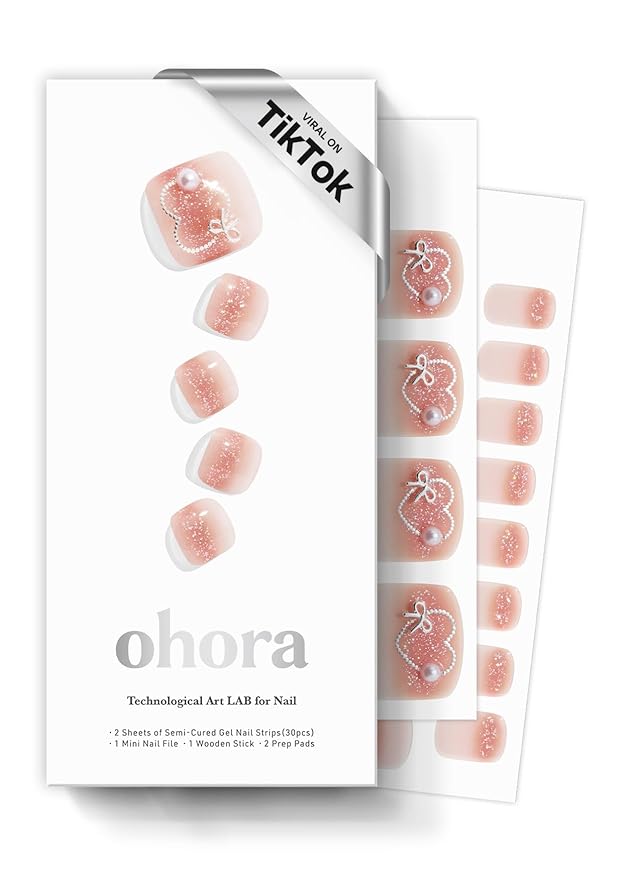 ohora Semi Cured Gel Pedi Strips (P Heart Link) - Works with Any Nail Lamps, Salon-Quality, Long Lasting, Easy to Apply & Remove - Includes 2 Prep Pads, Nail File & Wooden Stick