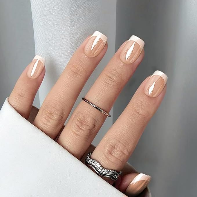 Short Square Press on Nails French Tip Fake Nails Chrome False Nails Press ons with Design Full Cover Glossy Glue on Nail Stick on Nails for Women Manicure,Reusable | Easy Apply | Acrylic | 30 Pcs
