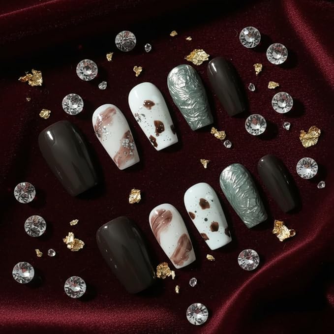 Amber Brown Press on Nails - Short Coffin White Sliver Amber Base Handmade Acrylic Nails Vintage Press-on Nails for New Year Holiday(Autumn-Winter Amber, S)