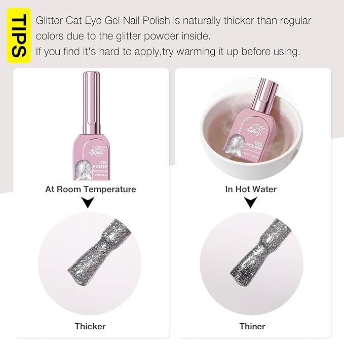 Silver Cat Eye Gel Nail Polish with Magnetic Stick - 12ML Glitter Magnetic Nail Polish for Multiple 3D Effects, Soak Off UV LED Gel Polish for DIY Manicure Salon Gifts for Women