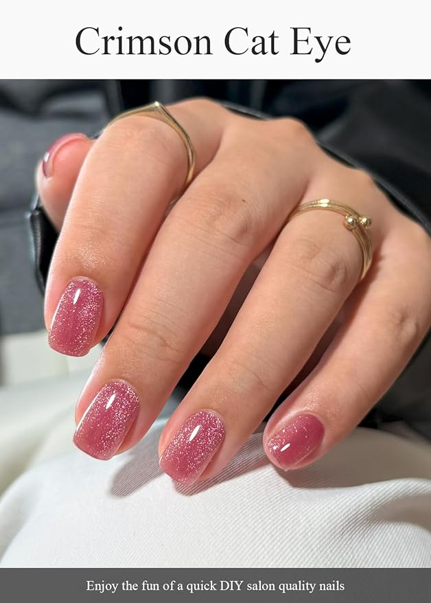 Semi Cured Gel Nail Strips (Crimson Cat Eye), Pink Red, 20 Pcs Gel Nail Wraps, Stickers, Salon Quality, Works With Any UV Lamps