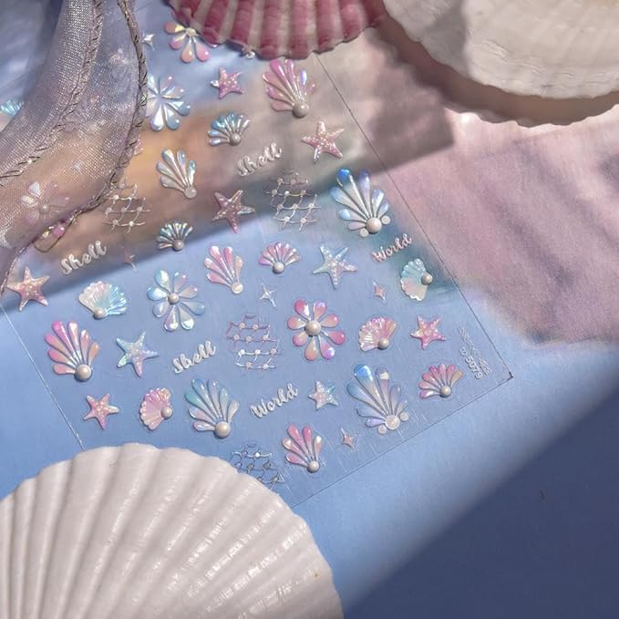 Aurora Beach Nail Stickers 5D Embossed Pearl Shell Nail Designs Colorful Fishing Net Starfish Nail Decals Ocean 3D Self-Adhesive Summer Nail Art Decoration for Women Manicure 1 Sheet