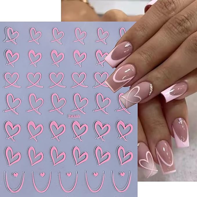 6 Sheets Valentines Day Nail Stickers 3D Self Adhesive Hearts Nail Art Stickers Gold Silver Black White Pink Red Hollow Love Hearts Design Valentine Nail Decals Nail Art Stickers for Acrylic Manicure