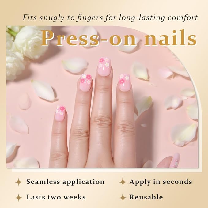 evpct Pink Flower Press on Nails Short Square, Glossy Cute Pink Fake Nails with Floral Design, Stick on Nail Press ons for Women Gifts, Soft Gel Acrylic Nail Perfectly Fit with Manicure Kit 30Pcs