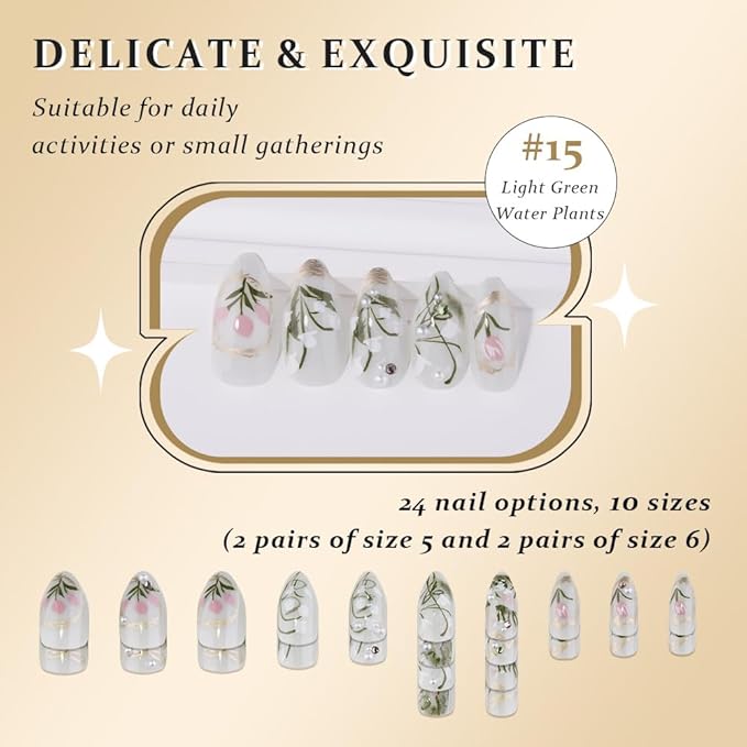 evpct 3D Light Green Handmade Press On Nails Almond Medium, 3D Water Plants Design Fake Nails Rusable for Spring & Summer Daily Wear, False Acrylic Nail with Kits Press ons Nail for Women Gift, 24Pcs