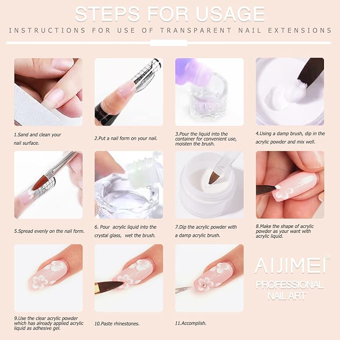 Aijimei Acrylic Nail Kit - Powder & Liquid Monomer, Professional Tools, Nail Extension System, Art Starter Kit (Set A)
