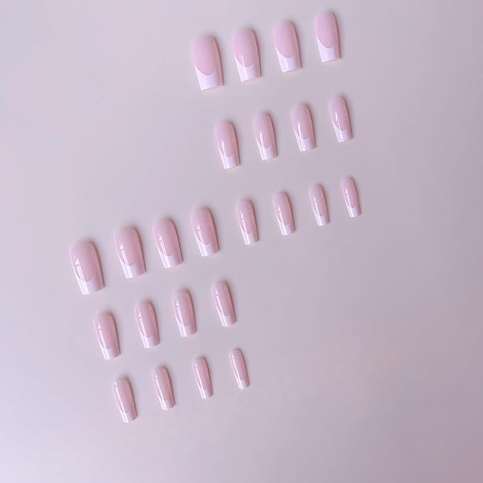 48Pcs White French Tip Press on Toenails Press on Nails Long Square Fake Nails with Design Skin Tones Glue on Nails Nude False Nails Glossy Reusable Summer Nails Toenails for Women Manicure