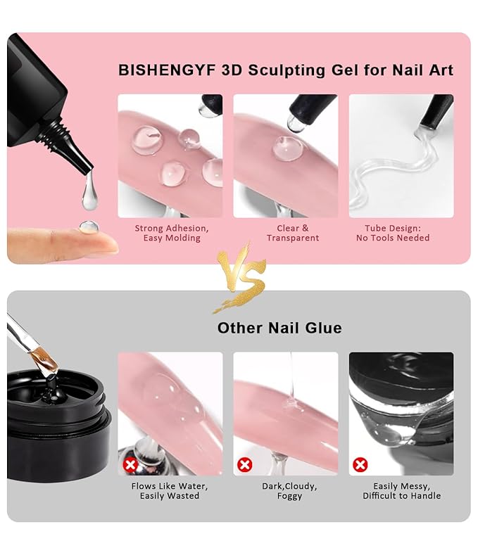 3D Nail Gel and Chrome Nail Powder: 15g No Wipe Clear 3D Sculpting Gel for Nail Non-Sticky Hand Hard Gel Carving Gel with Rose Gold White Pearl Chrome Powder for Nail Art Decoration Home DIY