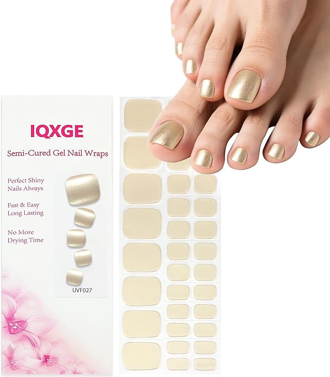 34 Pcs Semi Cured Gel Toe Nail Strips Gold Gel Nail Stickers Full Cover Gold Nails Wraps Self Adhesive Toe Nails Polish Strips Stickers for Women UV/LED Light Required