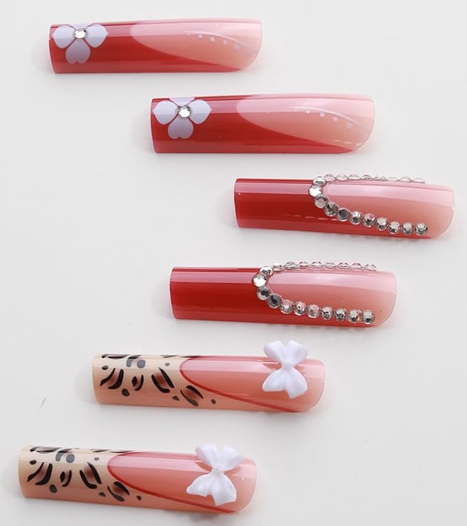 Press on Nails Square - Extra Long Fake Nails with 3D Rhinestones and Bows, Red French Tips Cute Fall False Nail, Fall Stick On Nails for Women, 12 Sizes - 24 Nail Kit, Floral Fusion