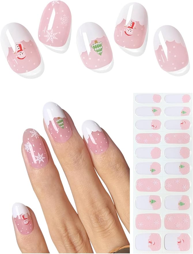 Semi Cured Gel Nail Strips (Christmas Snowman), White Snowflake, 20 Pcs Gel Nail Wraps, Stickers, Salon Quality, Works with Any UV Lamps