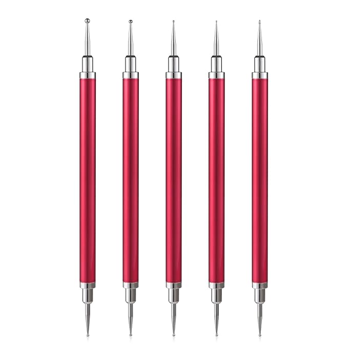 5Pcs Nail Art Dotting Tool Set Double-Ended Dotting Pens & Embossing Stylus for Gel & Acrylic Nails Manicure Brush for Nail Design, Painting, Sculpting & DIY Decorations (Red)