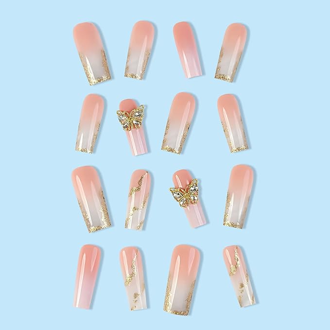 RTKHFZE Press on Nalis Long Coffin Nails Press ons Square Fake Nails Nude Gradient Acrylic False Nails with Metal 3D Butterfly Designs and Gold Glitter Artificial Nail Stick on Nail for Women 24Pcs