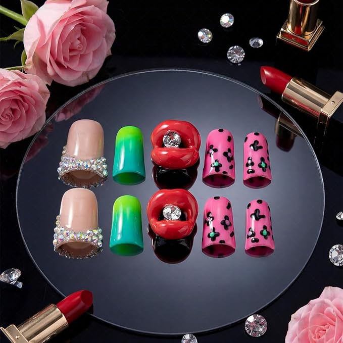 10 Pieces Luxury Acrylic Press On Nails Short Handmade Duck Nails, Pink Thickened False French Nails, Leopard Print And 3D Red Lips, Reusable Fake Nails, Acrylic Nails (L)