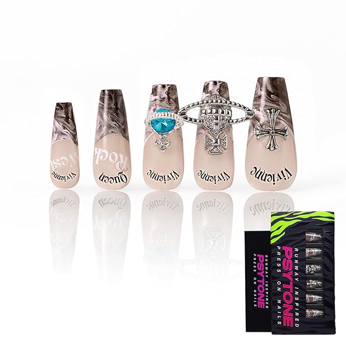PSYTONE Rhinestones Press on Nails French Coffin Long Bling Fake Nails Nude Acrylic False Nails Full Cover Nails Square Nude Fake Nails Gradient Acrylic Full Cover False Nails for Girls