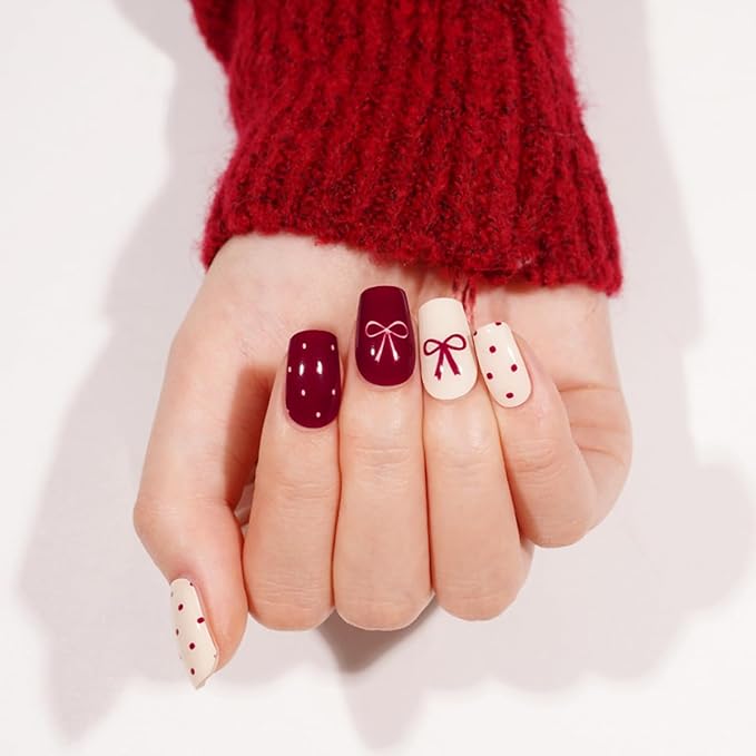 Polka Dot Semi Cured Gel Nail Strips - 20Pcs Burgundy UV Gel Nail Wraps with Polka Dots & Bow Design, Long Lasting Salon-Quality Stickers, Includes Nails File & Wooden Stick - UV/LED Lamp Required