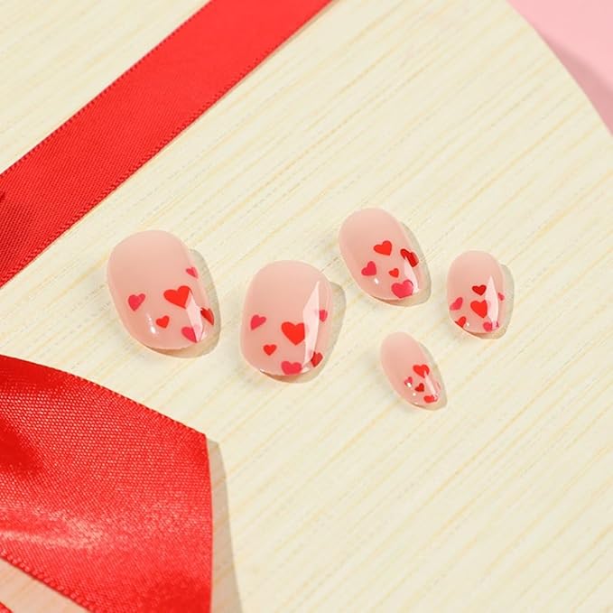 Press on Nails Almond - Medium Fake Nails with Red Heart Desgin - Glossy, Full Cover Stick on False Nails for Women - 24 Pcs
