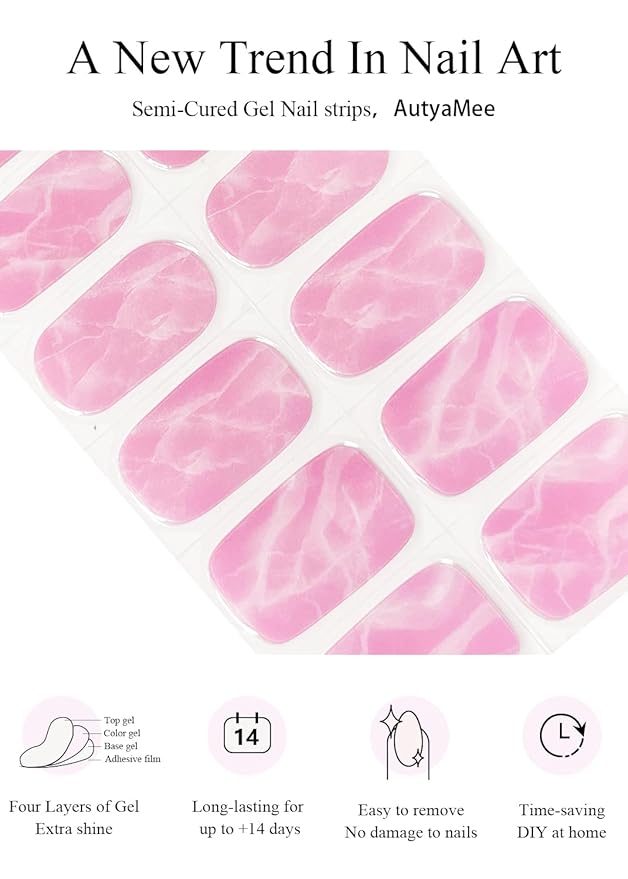 Semi Cured Gel Nail Strips (Pink Marble), 20 Pcs Gel Nail Wraps, Stickers, UV Light Required, Salon Quality, Long Lasting