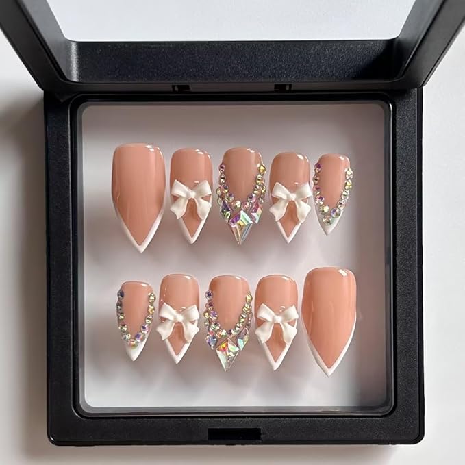 Press on Nails Handmade Medium Length Almond Fake Nails, 3D French Salon Bow Design False Nails, 10 Pcs Reusable ABS Material Nail Tip Artificial Nails for Women (Size L)