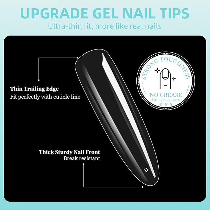 Long Round Nail Tips, 240Pcs Full Cover Soft Gel Nail Tips Pre-shaped 2XL Shape Clear Acrylic False Nail Fake Nail Extension Press On for Salon Home DIY 12 Sizes