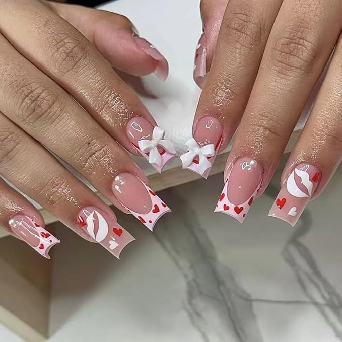 Medium Press on Nails Square - Pink Fake Nails with Bow Heart Design - French Tip Full Cover Stick on False Nails - for Women 24 Pcs