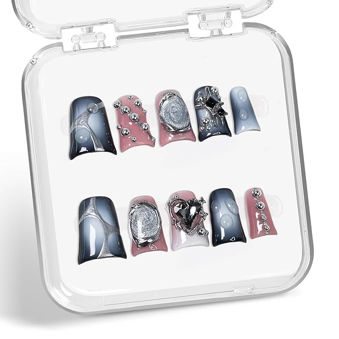 Handmade Press on Nails Luxury 3D Metal Steel Ball & Heart Embossed Fake Nails Designs Black Gray Gradient Acrylic Nail Full Cover Short Duck Shape False Nail Stick on Nails for Women（S)