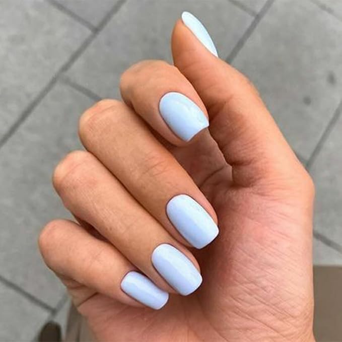 Modelones 32Pcs Baby Blue Press on Nails, Short Square Fake Nails, Reusable Nail Kit with Nail Glue Adhesive Tabs Mini Nail File, Nails Press Ons 16 Sizes, Women Girl Gift