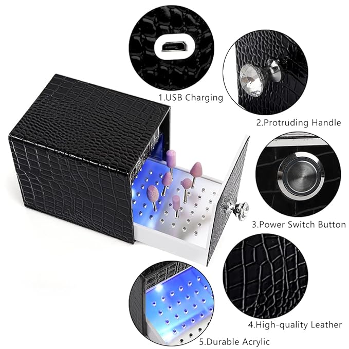Nail Drill Bit Holder,Blue UV Light Box for Grinding Heads Dustproof Stand Displayer Acrylic 48 Holes Nail Salon Organizers Manicure Tools with USB Charging, Black (Not Inlcude Drill Bits)