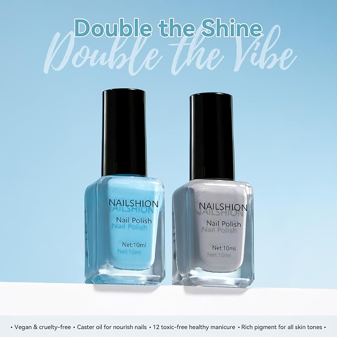 Dusty Gray Blue Nail Polish, 2 Colors Fast Air Dry Fingernail Polish Duo, Light Blue, Non-Gel, Vegan, Opaque, Long-lasting Glossy Nail Art DIY Home Travel Manicure
