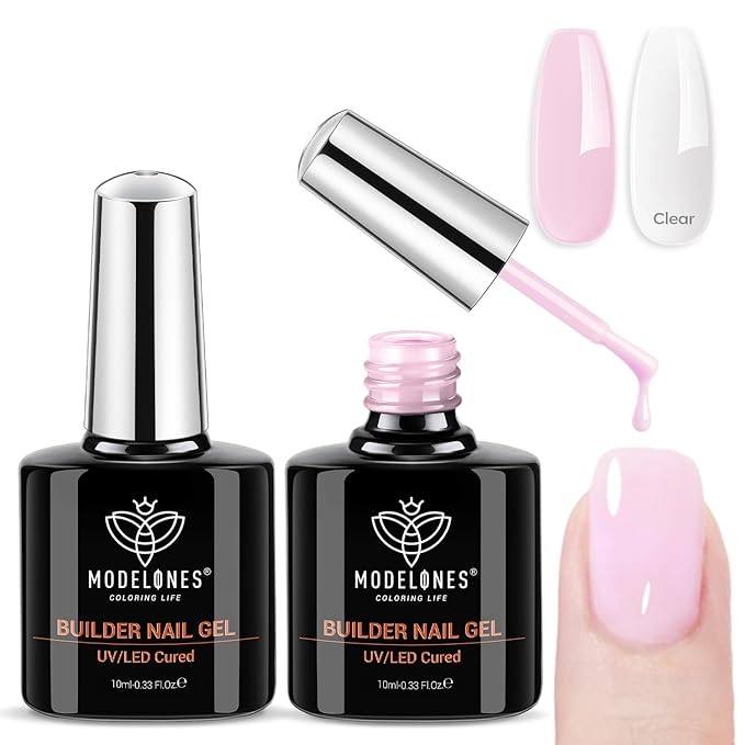 modelones Builder Nail Gel, 2 Pcs Clear and Baby Pink Builder Nail Polish, 8-in-One Rubber Base Gel Polish Pastel Pink Color Strengthener Apex Building Thickening Extension LED Lamp Cured 10ml
