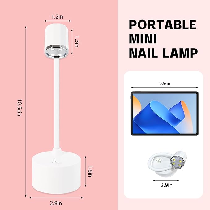 Touch Switch Gel X Lamp, Flash Cure Mini Nail Lamp, Rechargeable Cordless UV LED Light, Gooseneck Nail Gel Dryer for Home Manicure, White, ASN-A28