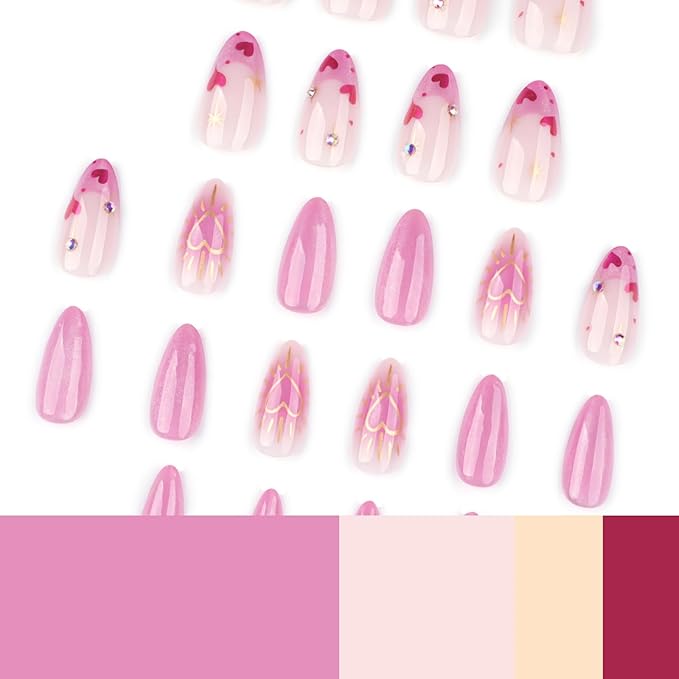 Short Almond Press on Nails Cat eyeFake Nails French False Nails Pink Artificial Nails with Rhinestone and Gold Heart Designs Glitter Handmade Nails Cute Stick on Nails for Women 24pcs