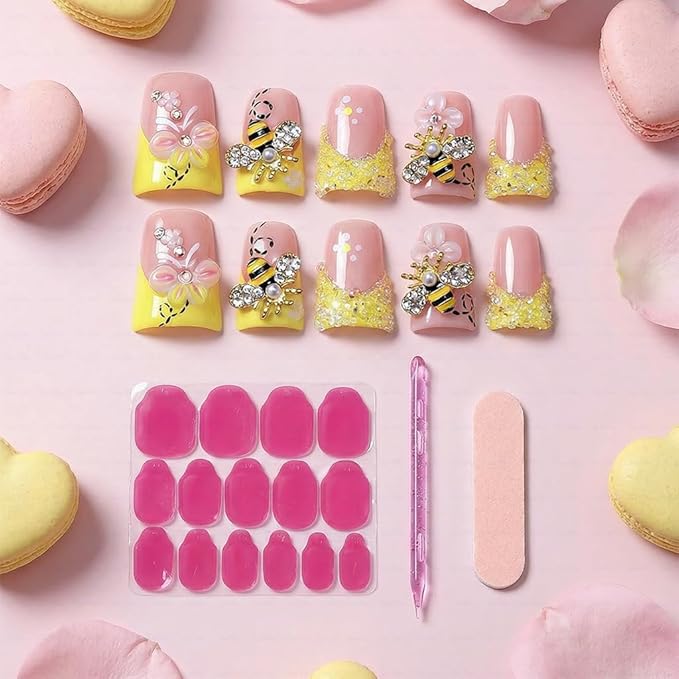 10 Pieces Luxury Acrylic Press On Nails Short Handmade Duck Nails, Butter Yellow Thickened False French Nails, Sugar Crystal Rhinestones, Floral Bee Charms, Reusable Acrylic Nails (L)