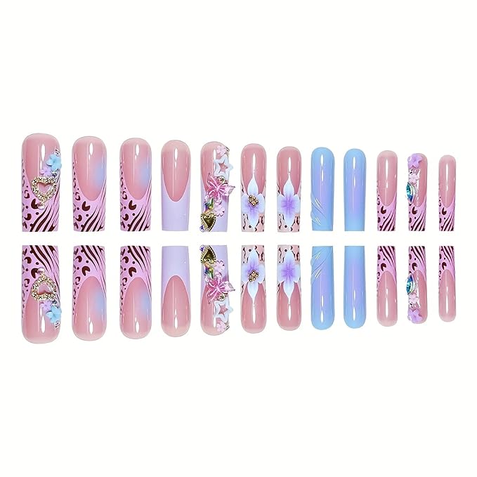 Press on Nails Coffin Long Length Acrylic Glossy Full Cover Square Shaped French False Nails with Designs Artificial Extra Long Fake Nails with Charms Glue ons Fingernails for Women(AS61)