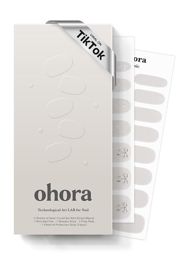 ohora Semi Cured Nail Strips (N Eternal Shine) - Works with Any UV/LED Lamps, Salon-Quality, Long Lasting, Easy to Apply & Remove - Includes 2 Prep Pads, Nail File & Wooden Stick