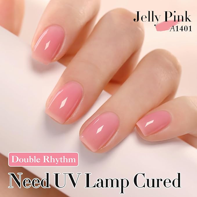 Double Rhythm 0.50 OZ Gel Polish Hema Free Same Color Same Bottle Golden Round Translucent Neutral Natural Milky 15 ML Jelly UV Polish Art DIY at Home (Jelly Pink-C1401)