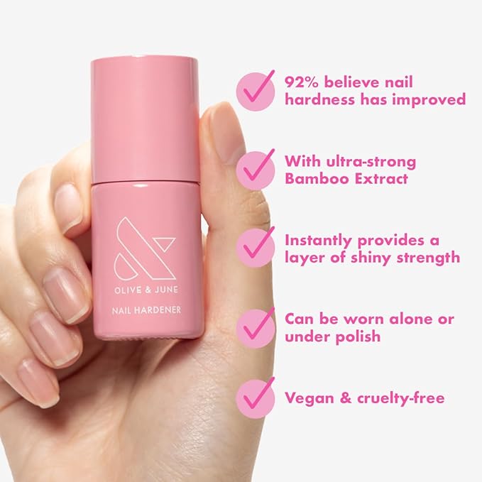 Olive & June Nail Hardener | Strengthens & Protects Nails with Bamboo Extract | Shiny Layer of Protection | Wear Alone or Under Polish | Vegan & Cruelty-Free | Wide Fan Brush for Easy Use