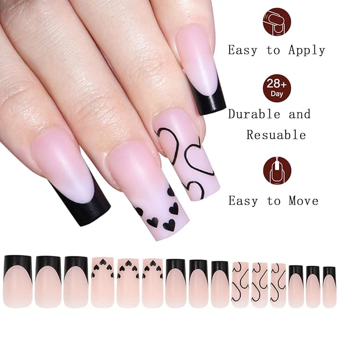 Black French Tip Press On Nails Medium Square Fake Nails with Heart Design Full Cover Matte Stick on False Nails for Women 120pcs 15Sizes