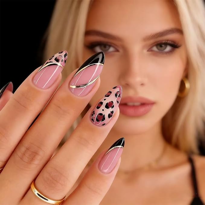 Alomnd Press on Nails - Leopard Print Fake Nails - Medium False Nail Press ons - French Tip Acrylic Glue on Nail - Artificial Nail Stick on Nails for Women Manicure 24Pcs