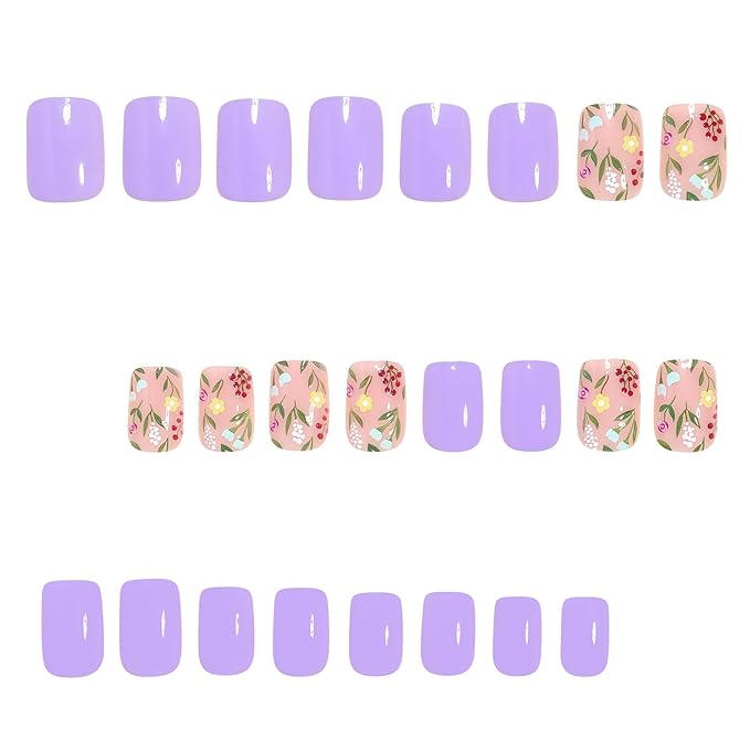 Short Press on Nails - Square Fake Nails with Flower Design - Cute, Spring, Purple False Nails Press ons - for Women 24 Pcs
