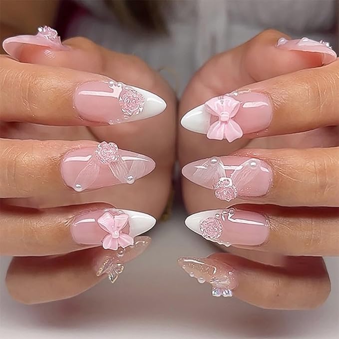 Press on Almond Nails - Medium Fake Nails with Bow Flower Charms Design - White French Tip False Nails for Women 24 Pcs