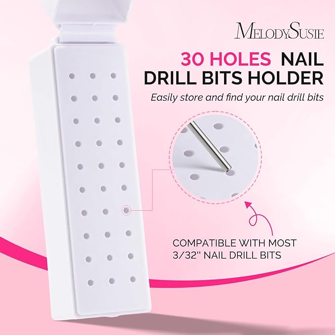 MelodySusie Nail Drill Bits Holder, 30 Holes Case, Portable Dustproof Displayer Organizer Container, Nail Tech Professional Nail Art Tool, Travel Salon Home, White (Drill Bits Not Included)