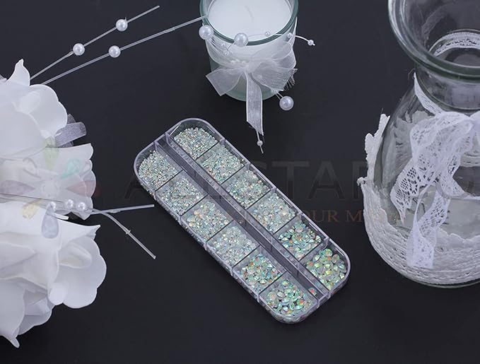 Over 2100 Pieces Transparent AB Flat Back Glass Rhinestones Crystals for Nail Art Kit 6 Sizes (1.4mm - 4.8mm)