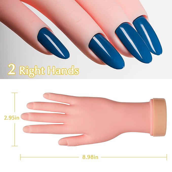 krofaue 2 Pack Right Hands Practice Nail Tips Art Trainer Training Hand Tool Flexible Bendable Movable Fake Mannequin Manicure Tool