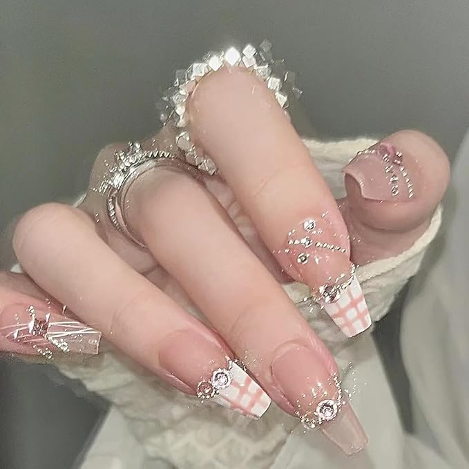 Press on Nails Medium Long French White Pink Grid False Nails with Rhinestones Glossy Fake Nail Tips Artificial Manicure for Women and Girls – 24pcs with Glue Kit (White Pink Grid)