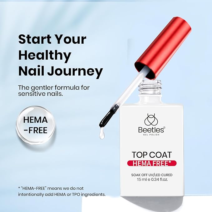 Beetles Gel Top Coat 2Pcs 15ml - 2026 Upgraded Formula HEMA Free & TPO-Free Long Lasting No Wipe Top Coat UV LED Gel Polish for DIY at Home and Salon Manicure