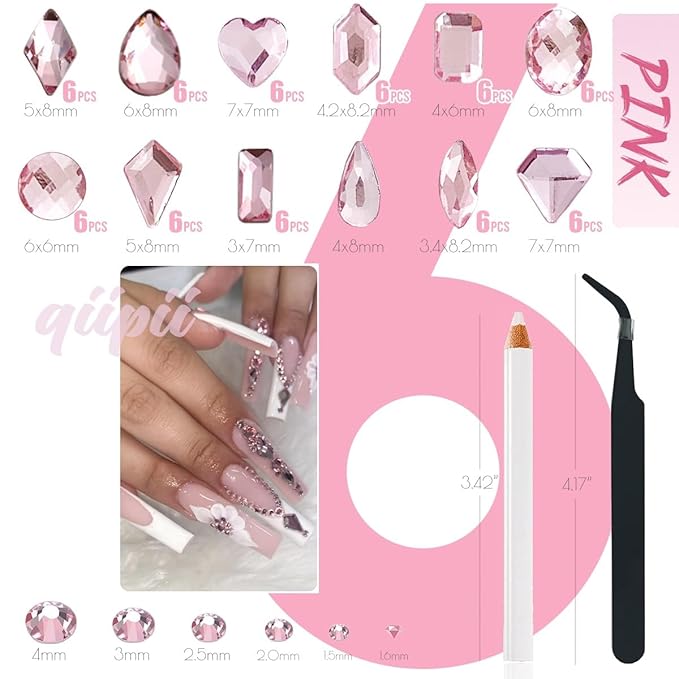 2052Pcs Pink Nail Rhinestones Light Pink Rhinestones for Nails 72 Multi Shapes Big Gems +1980 Flatback Round Beads K9 Glass Crystals Diamonds Jewels Nail Charms Nail Art for Nails Faces Makeup