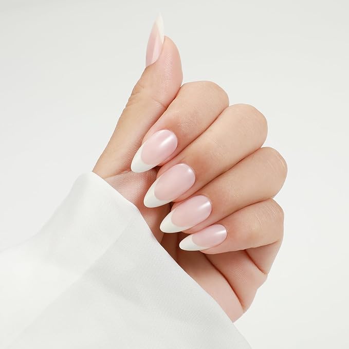 Rnker French Tip U Shape Press On Nails - White, Almond Top gel Nails with Bright Finish, 15 Sizes - 30 Nail Kit with Glue