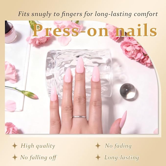 evpct Baby Pink Glossy Press on Nails Medium Almond for Women Gift, Glossy Pink Soft Gel Fake Nail Salon Quality with Nail Kit Set Kit, Full Cover Reusable Stick on Acrylic False Nails Perfectly Fit